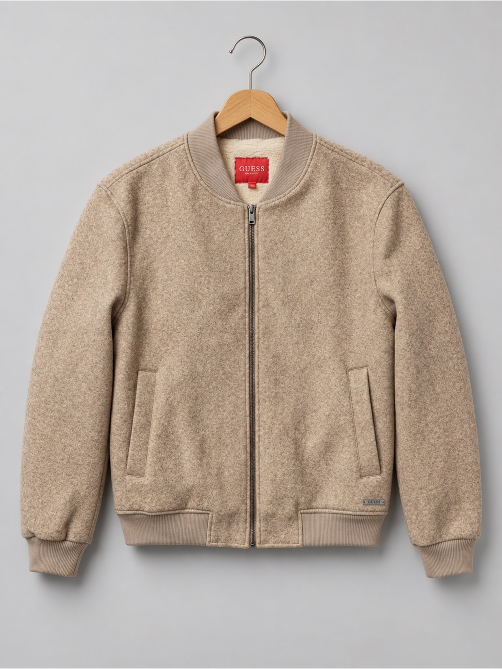 GUESS Men’s Wool Blend Zip Up Jacket Faux Shearling Lined Tan Large